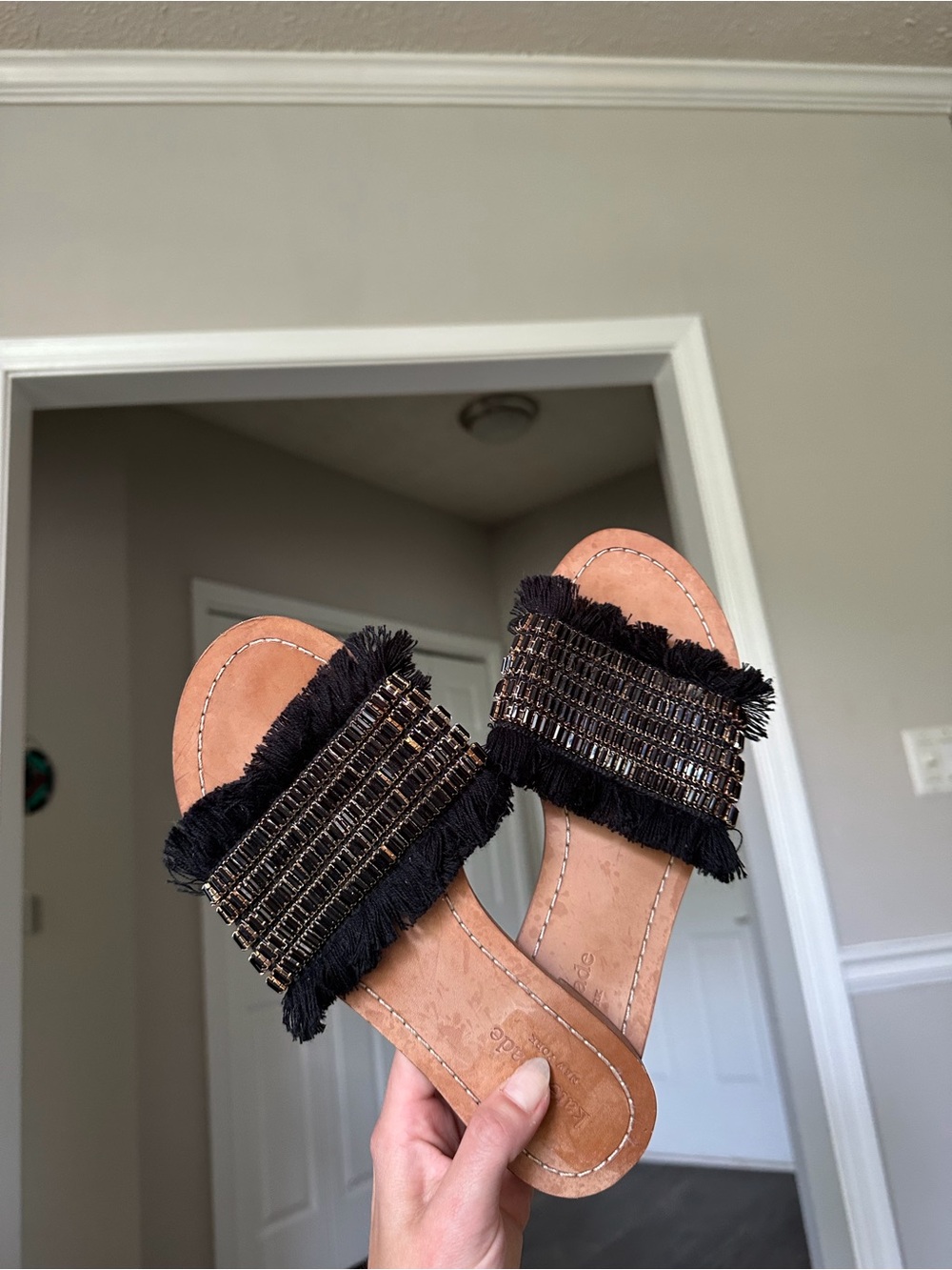 kate spade Black Beaded Fringe Slide Sandals Women’s 6.5